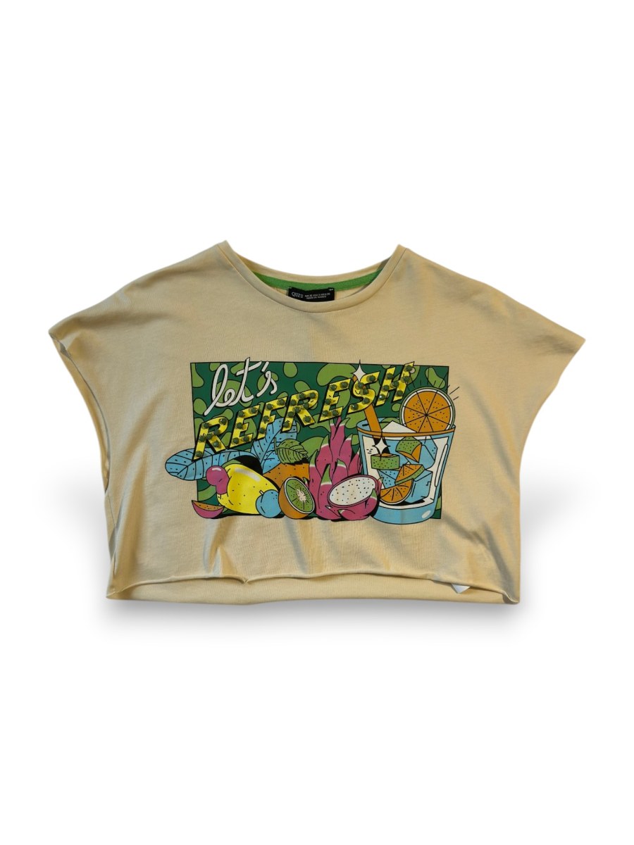 Let's Refresh Baskılı Taş İşlemeli Yarasa Kol Crop Top