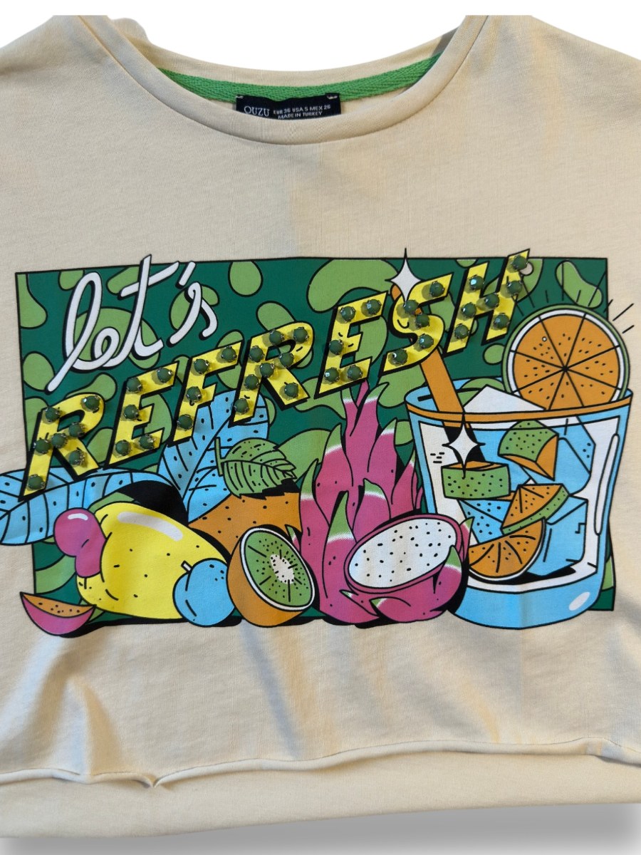 Let's Refresh Baskılı Taş İşlemeli Yarasa Kol Crop Top