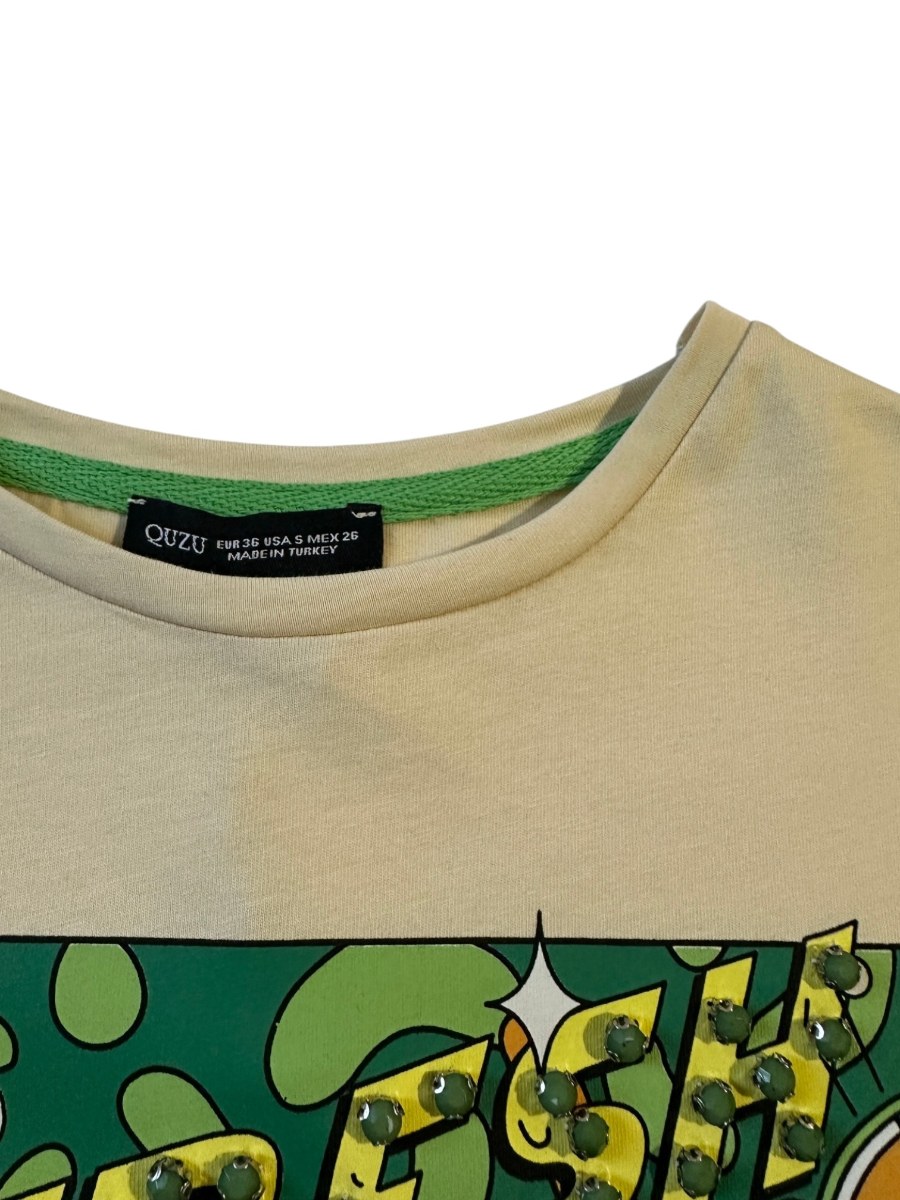 Let's Refresh Baskılı Taş İşlemeli Yarasa Kol Crop Top