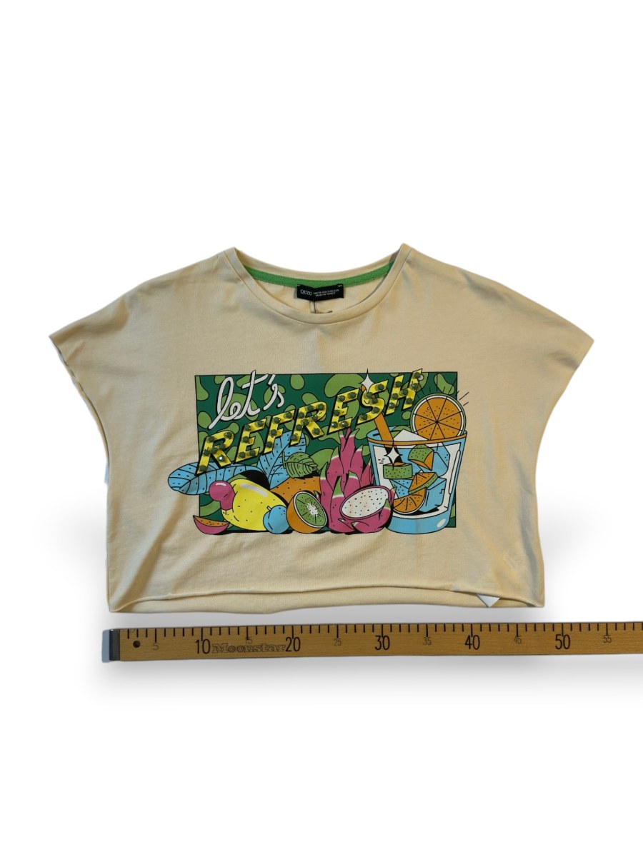 Let's Refresh Baskılı Taş İşlemeli Yarasa Kol Crop Top