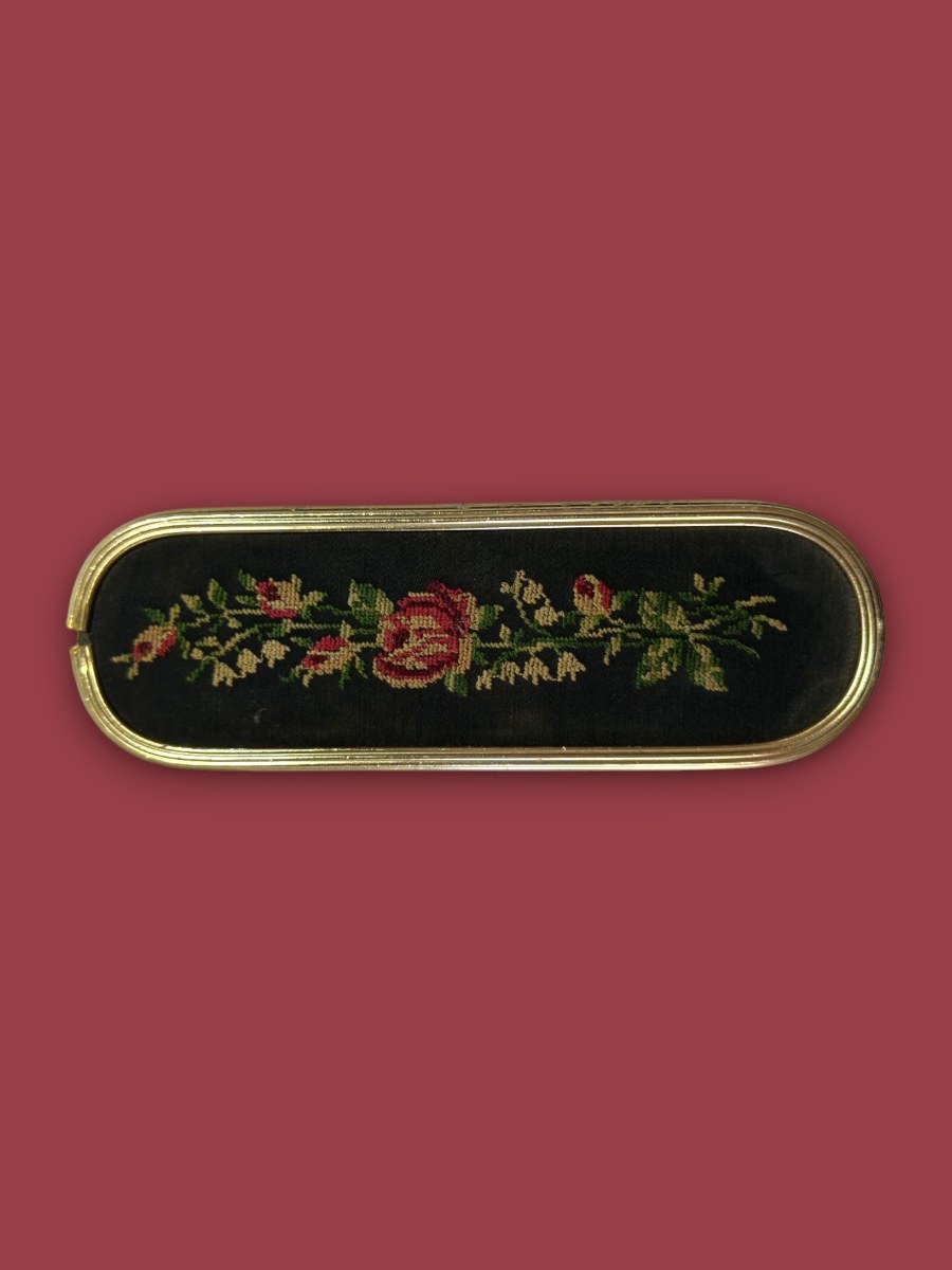 Vintage Elbise Fırçası 20x6 cm Goblen İşlemeli Pirinç Çerçeveli